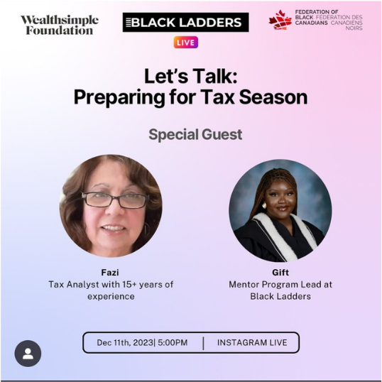 Let's talk: Preparing for Tax Season poster, pictured are special guests, Fazi, Tax analyst, and Gift, Mentor Program Lead at Black Ladders