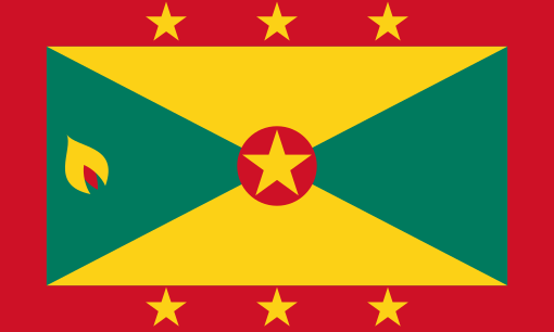 A flag with two yellow triangles at the top and bottom and two green triangles at the hoist and fly. These are surrounded by a red border charged with six five-pointed yellow stars – three at the top centre and three at the bottom centre – along with an additional star on a red disc at the centre and a nutmeg at the hoist triangle