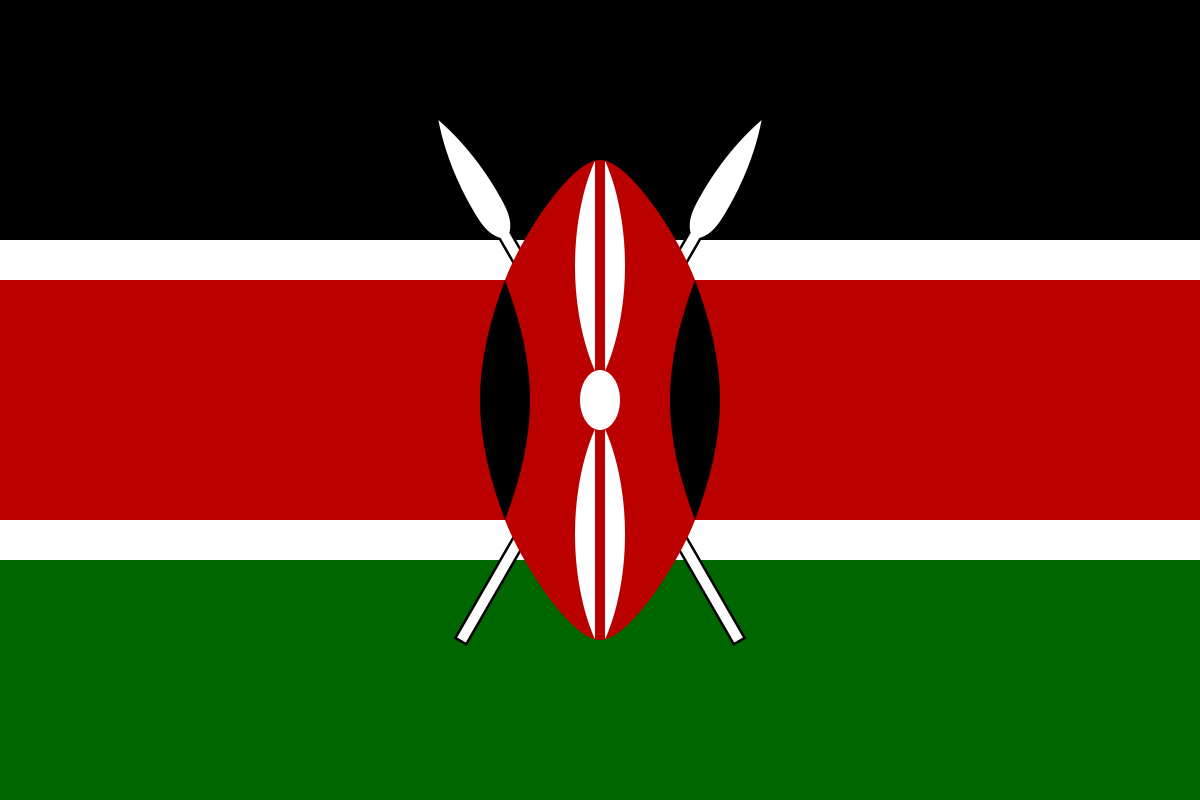 Flag_of_Kenya.svg A flag with horizontal red, white, and blue stripes and a white star in a blue square in the upper left corner.