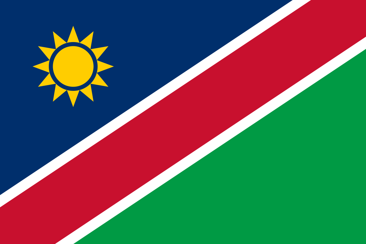 Flag_of_Namibia.svg A flag with two yellow triangles at the top and bottom and two green triangles at the hoist and fly. These are surrounded by a red border charged with six five-pointed yellow stars – three at the top centre and three at the bottom centre – along with an additional star on a red disc at the centre and a nutmeg at the hoist triangle
