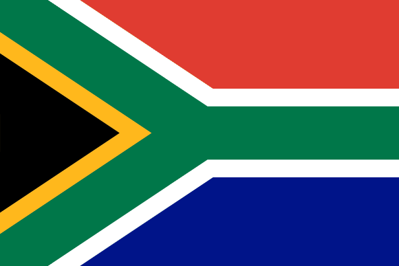 Flag features horizontal bands of red, blue, and green, with a black isosceles triangle on the hoist side. The top band is bright red, below there is a blue band. The bottom band is green. The black triangle, outlined in white, points toward the center of the flag. In the center of the triangle is a yellow-gold, five-pointed star.