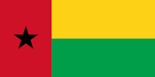 A flag with two yellow triangles at the top and bottom and two green triangles at the hoist and fly. These are surrounded by a red border charged with six five-pointed yellow stars – three at the top centre and three at the bottom centre – along with an additional star on a red disc at the centre and a nutmeg at the hoist triangle