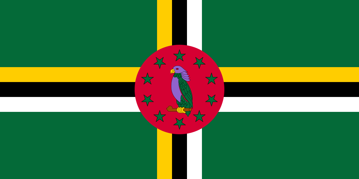 A flag with two yellow triangles at the top and bottom and two green triangles at the hoist and fly. These are surrounded by a red border charged with six five-pointed yellow stars – three at the top centre and three at the bottom centre – along with an additional star on a red disc at the centre and a nutmeg at the hoist triangle
